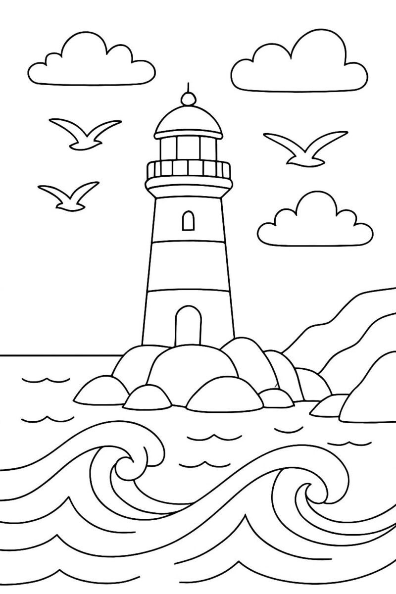 Desenho para colorir: Farol à beira-mar