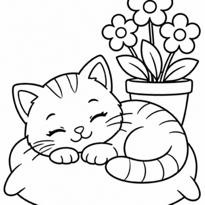 Desenho para colorir: Gatinho e flores