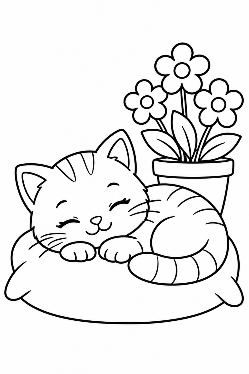 Desenho para colorir: Gatinho e flores