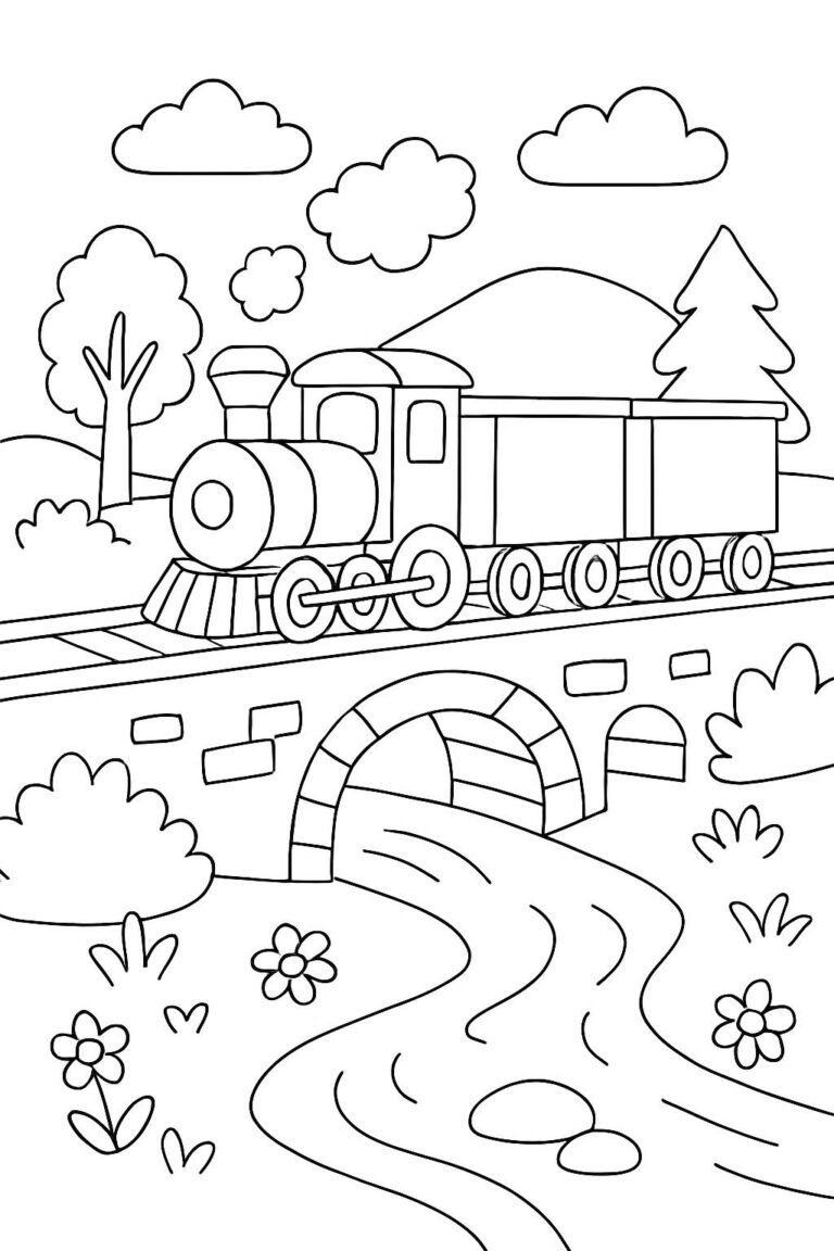 Desenho para colorir: Trem na ponte